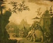 A Chinoiserie Procession of Figures Riding on Elephants with Temples Beyond Jean-Baptiste Pillement